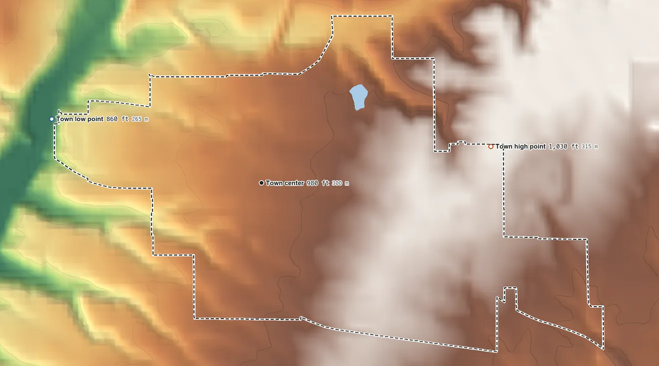 Topographic elevation map of Liberty, Indiana, shaded from 860 ft on the west side to 1,030 ft on the east side