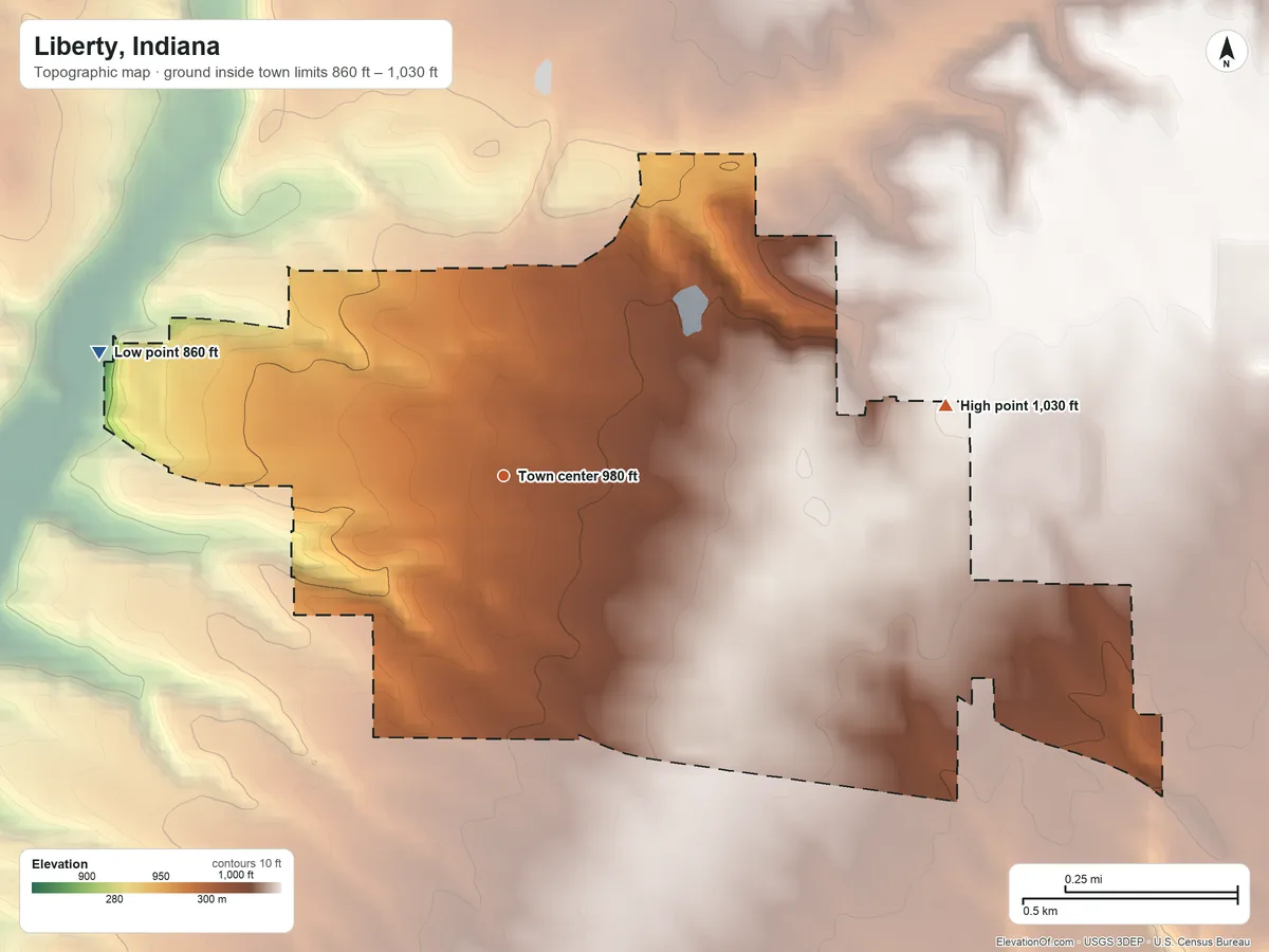 Topographic elevation map of Liberty, Indiana, shaded from 860 ft on the west side to 1,030 ft on the east side