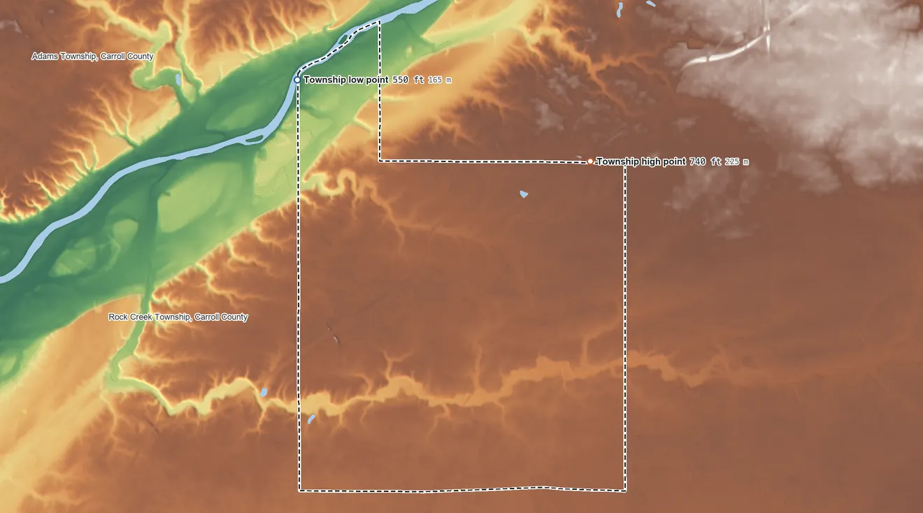 Topographic elevation map of Liberty Township, Carroll County, Indiana, shaded from 550 ft on the northwest side to 740 ft on the northeast side