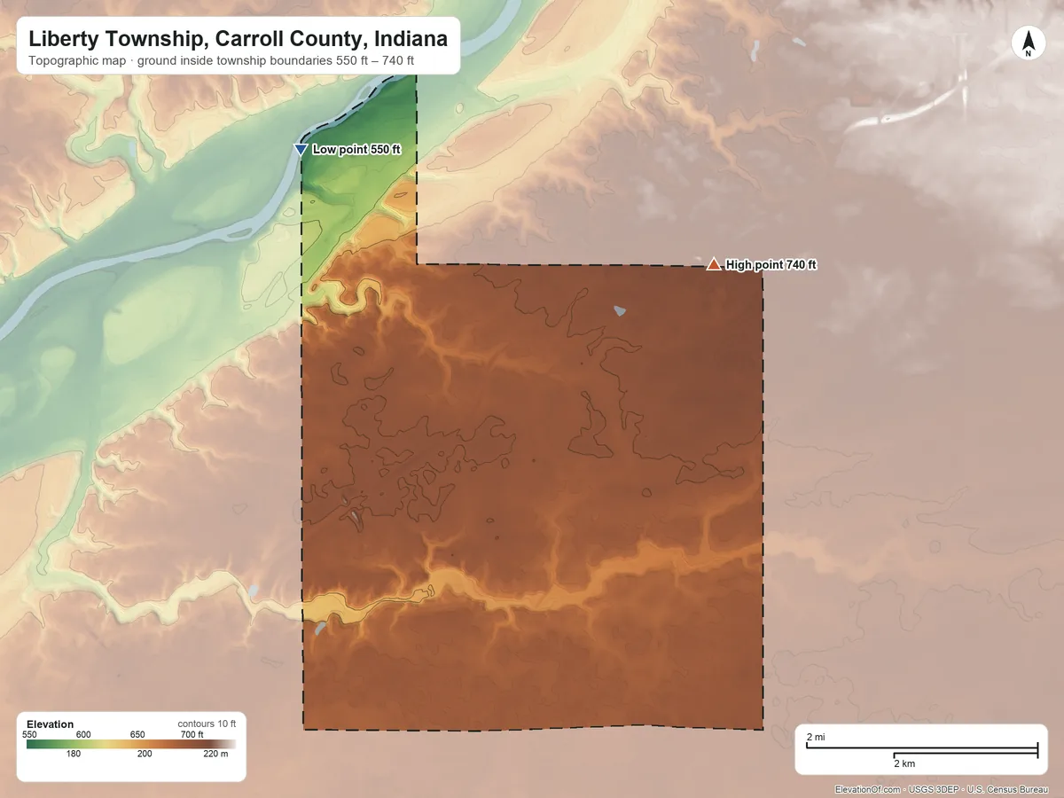 Topographic elevation map of Liberty Township, Carroll County, Indiana, shaded from 550 ft on the northwest side to 740 ft on the northeast side