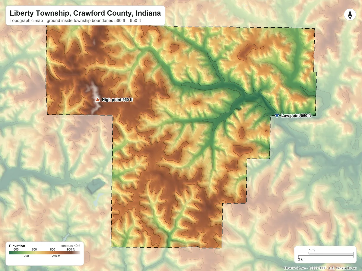 Topographic elevation map of Liberty Township, Crawford County, Indiana, shaded from 560 ft on the east side to 950 ft on the west side