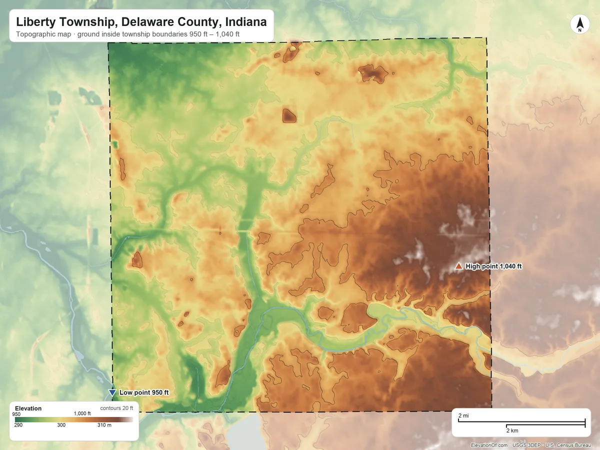 Topographic elevation map of Liberty Township, Delaware County, Indiana, shaded from 950 ft on the southwest side to 1,040 ft on the east side