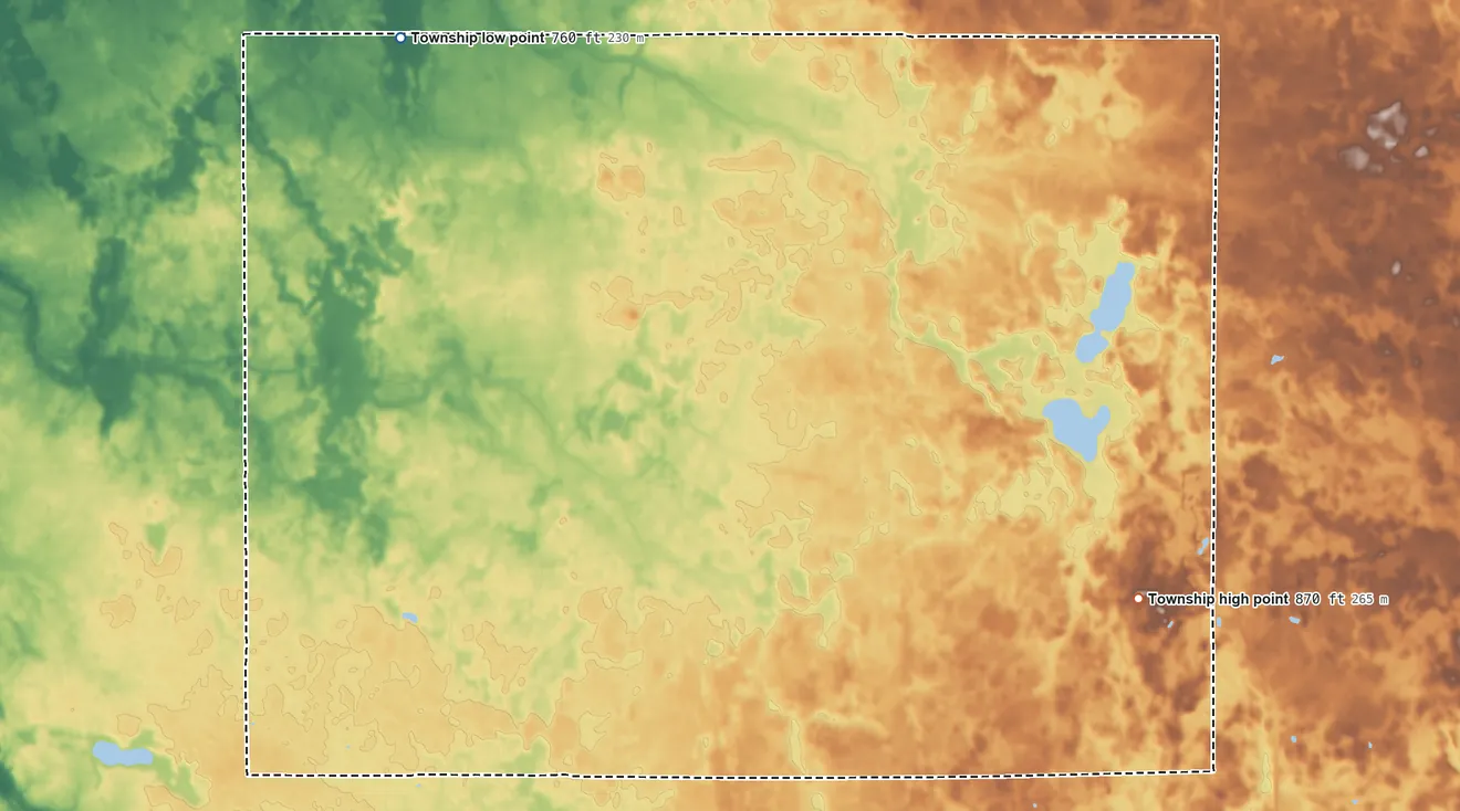 Topographic elevation map of Liberty Township, Fulton County, Indiana, shaded from 760 ft on the northwest side to 870 ft on the southeast side