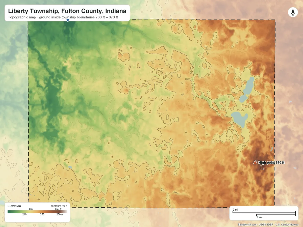 Topographic elevation map of Liberty Township, Fulton County, Indiana, shaded from 760 ft on the northwest side to 870 ft on the southeast side