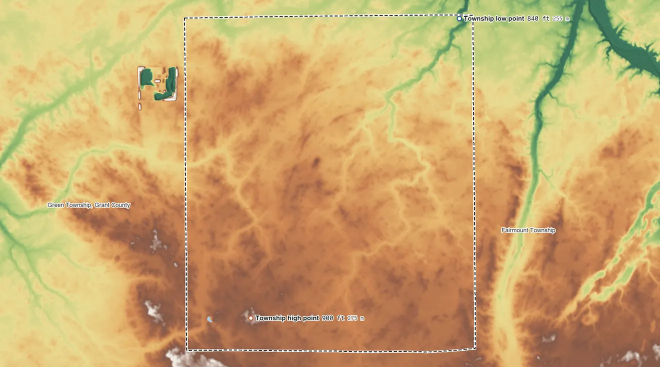 Topographic elevation map of Liberty Township, Grant County, Indiana, shaded from 840 ft on the northeast side to 900 ft on the southwest side