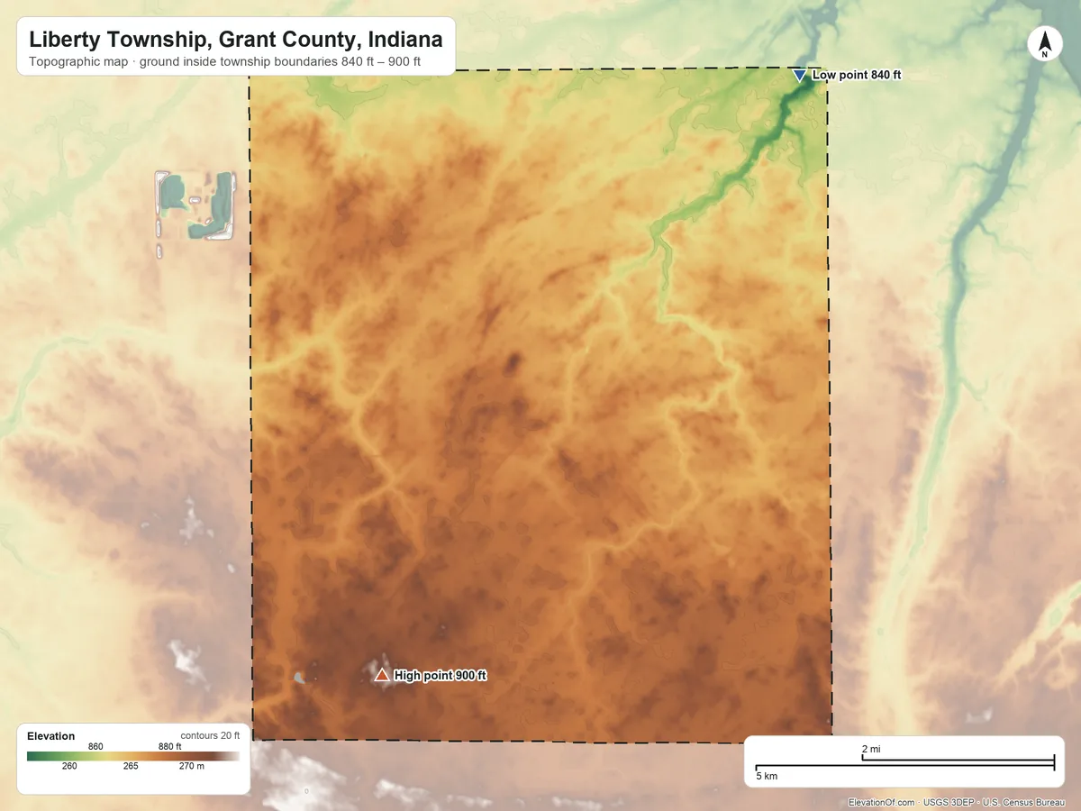 Topographic elevation map of Liberty Township, Grant County, Indiana, shaded from 840 ft on the northeast side to 900 ft on the southwest side