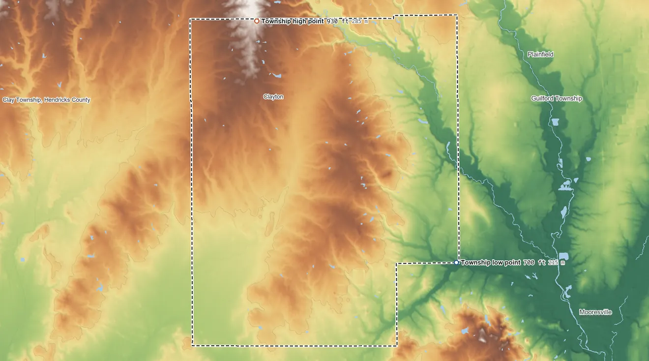 Topographic elevation map of Liberty Township, Hendricks County, Indiana, shaded from 700 ft on the southeast side to 930 ft on the northwest side