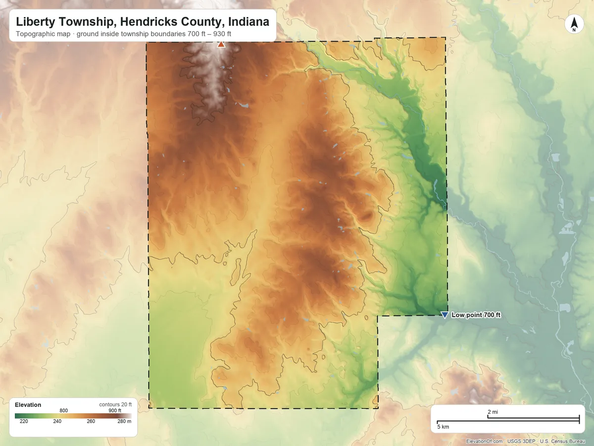Topographic elevation map of Liberty Township, Hendricks County, Indiana, shaded from 700 ft on the southeast side to 930 ft on the northwest side