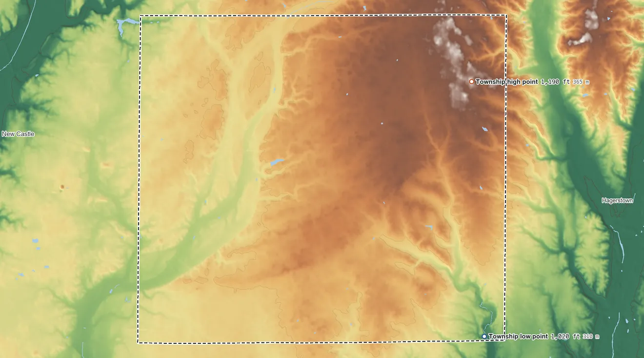 Topographic elevation map of Liberty Township, Henry County, Indiana, shaded from 1,020 ft on the southeast side to 1,190 ft on the northeast side