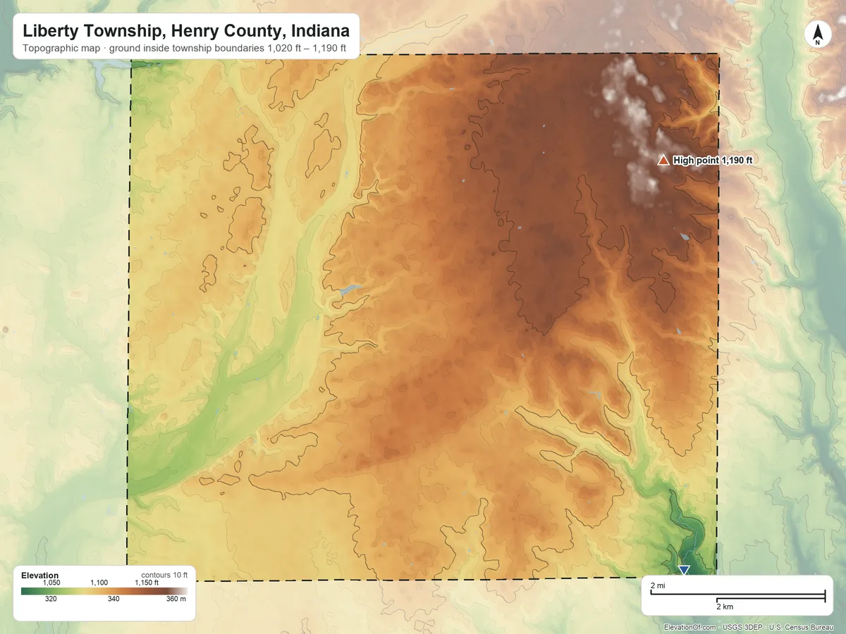 Topographic elevation map of Liberty Township, Henry County, Indiana, shaded from 1,020 ft on the southeast side to 1,190 ft on the northeast side