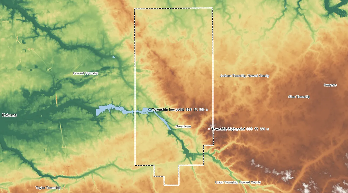 Topographic elevation map of Liberty Township, Howard County, Indiana, shaded from 810 ft on the west side to 880 ft on the east side