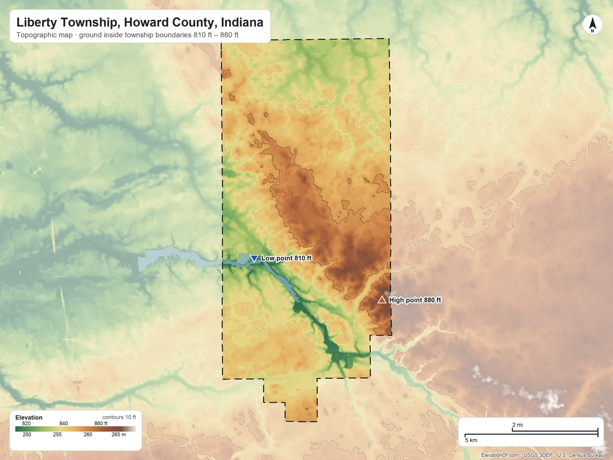 Topographic elevation map of Liberty Township, Howard County, Indiana, shaded from 810 ft on the west side to 880 ft on the east side