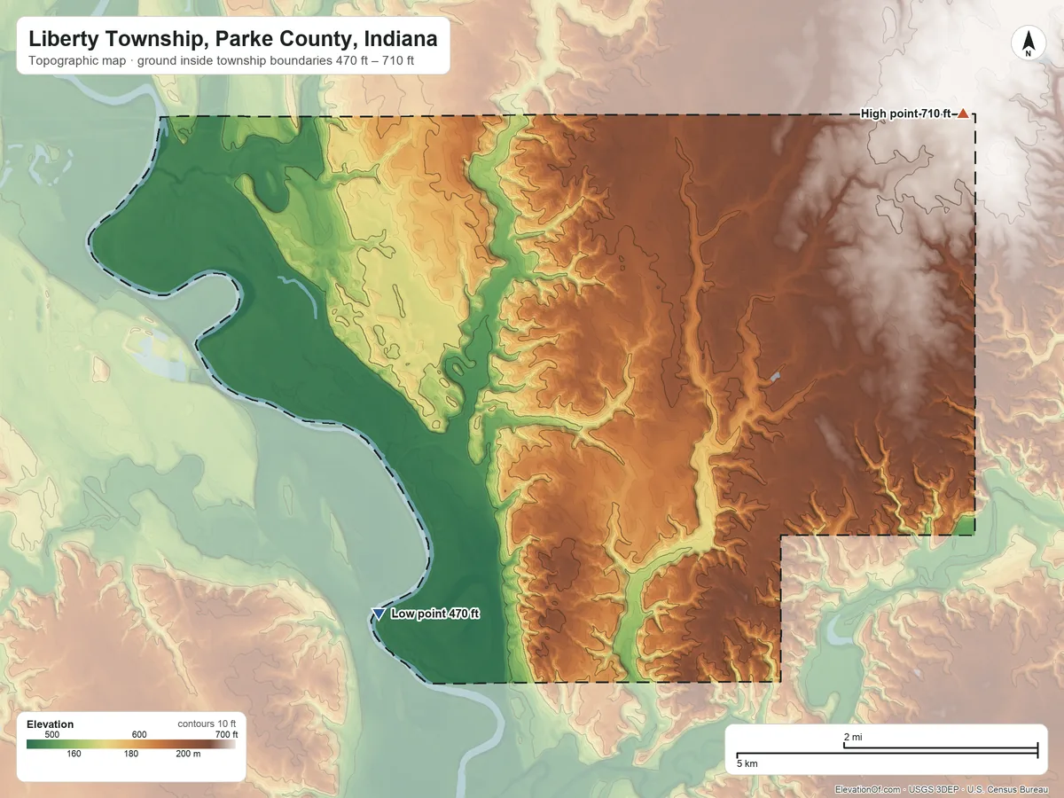 Topographic elevation map of Liberty Township, Parke County, Indiana, shaded from 470 ft on the southwest side to 710 ft on the northeast side