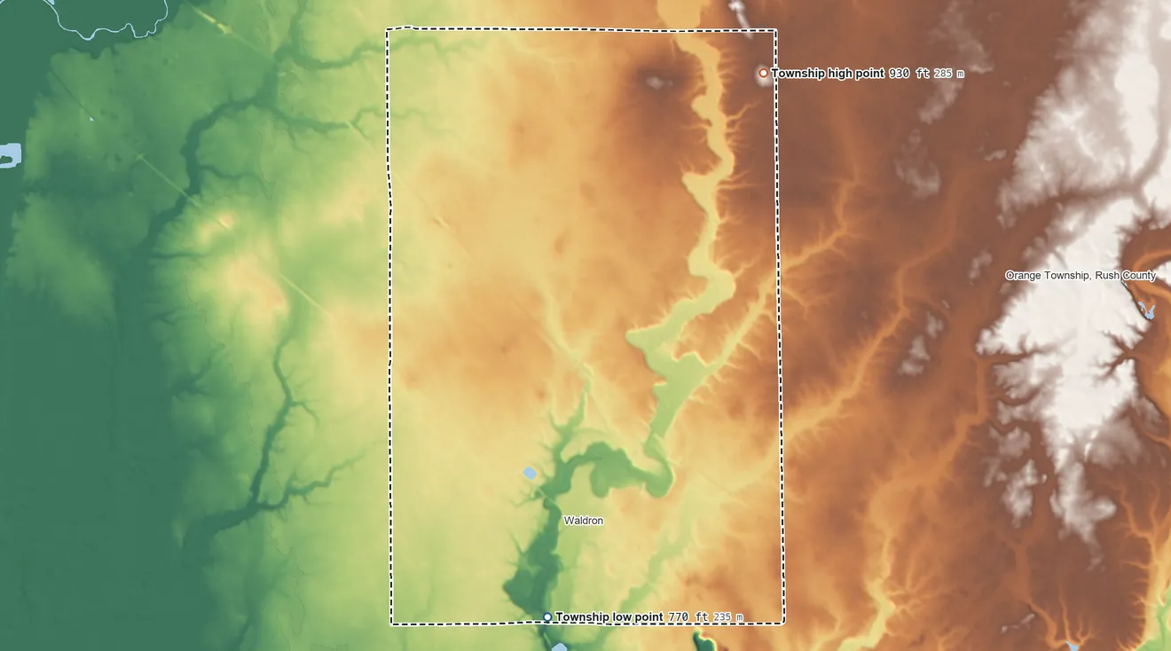 Topographic elevation map of Liberty Township, Shelby County, Indiana, shaded from 770 ft on the south side to 930 ft on the northeast side