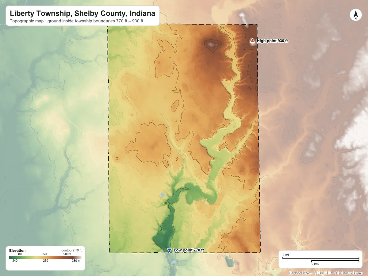 Topographic elevation map of Liberty Township, Shelby County, Indiana, shaded from 770 ft on the south side to 930 ft on the northeast side