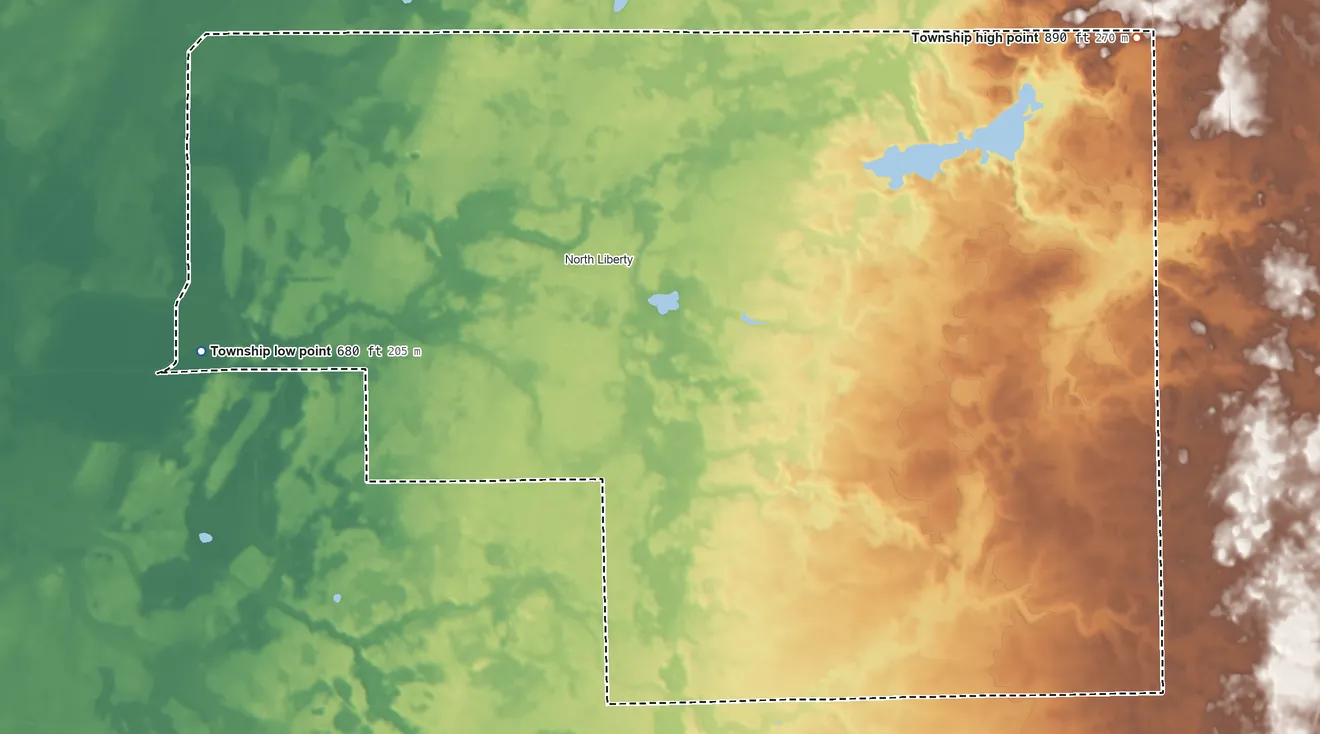 Topographic elevation map of Liberty Township, St. Joseph County, Indiana, shaded from 680 ft on the west side to 890 ft on the northeast side