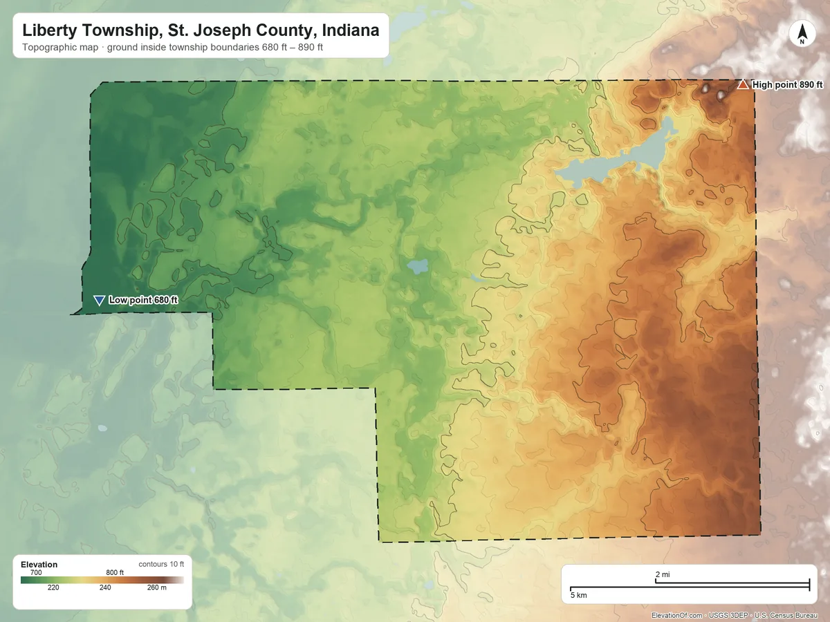 Topographic elevation map of Liberty Township, St. Joseph County, Indiana, shaded from 680 ft on the west side to 890 ft on the northeast side