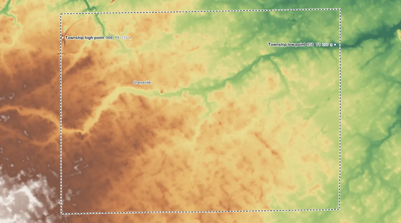 Topographic elevation map of Liberty Township, Tipton County, Indiana, shaded from 850 ft on the east side to 900 ft on the northwest side