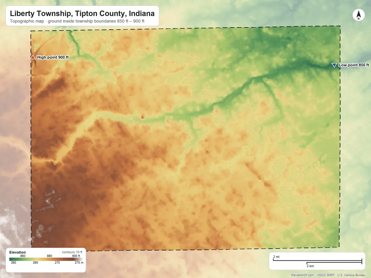 Topographic elevation map of Liberty Township, Tipton County, Indiana, shaded from 850 ft on the east side to 900 ft on the northwest side
