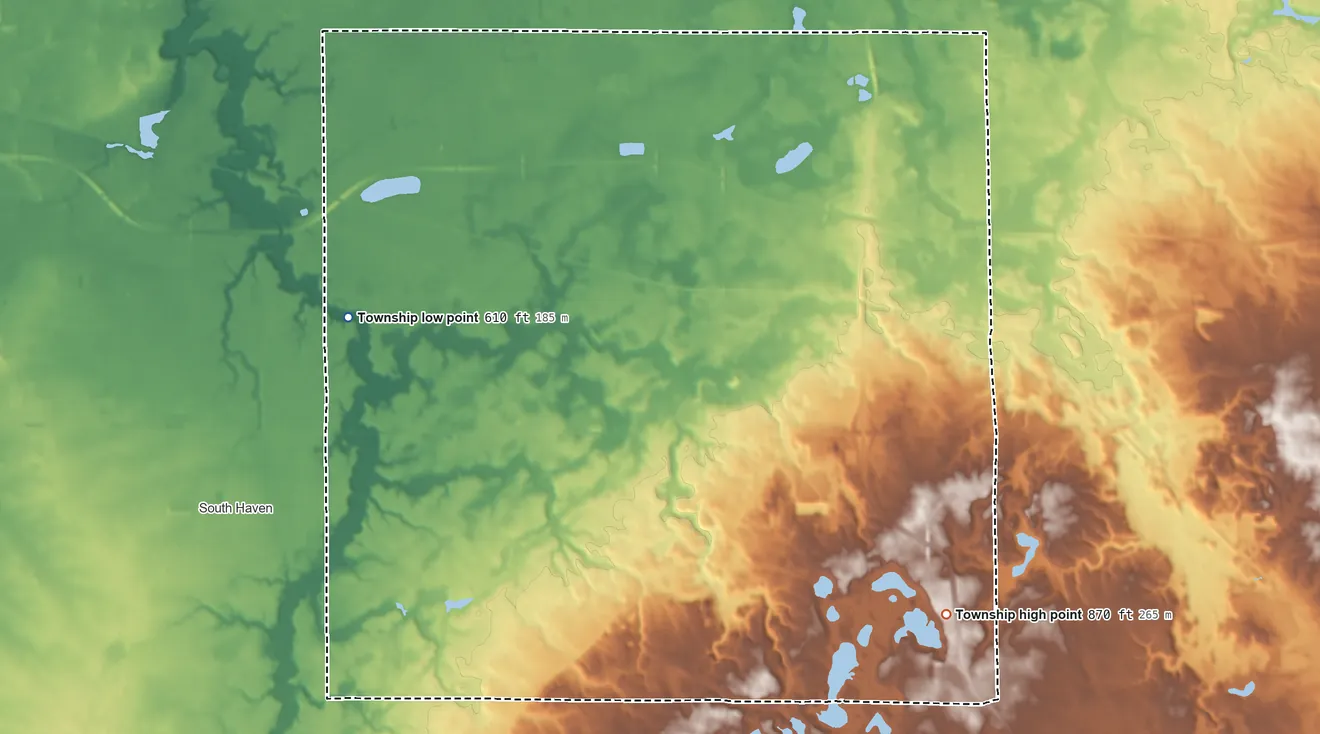 Topographic elevation map of Liberty Township, Indiana, shaded from 610 ft on the west side to 870 ft on the southeast side