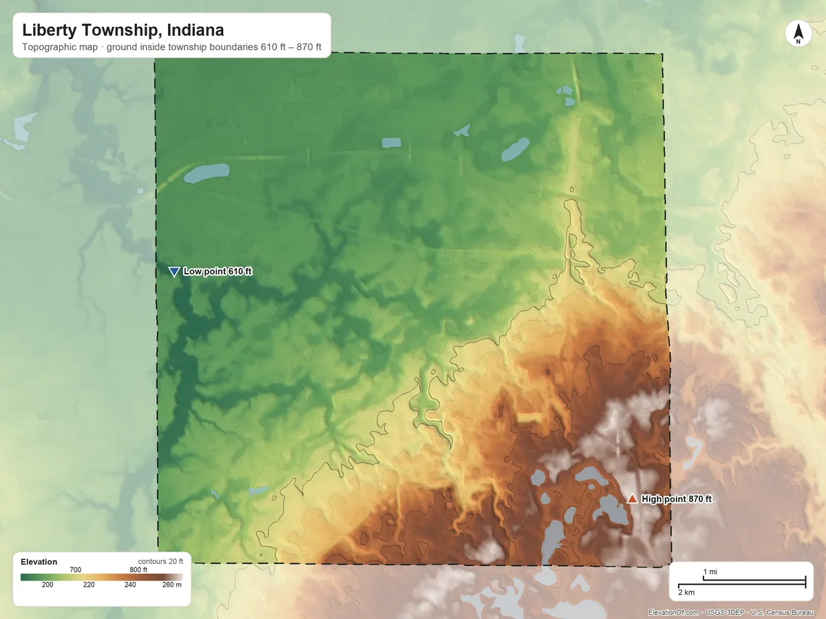 Topographic elevation map of Liberty Township, Indiana, shaded from 610 ft on the west side to 870 ft on the southeast side