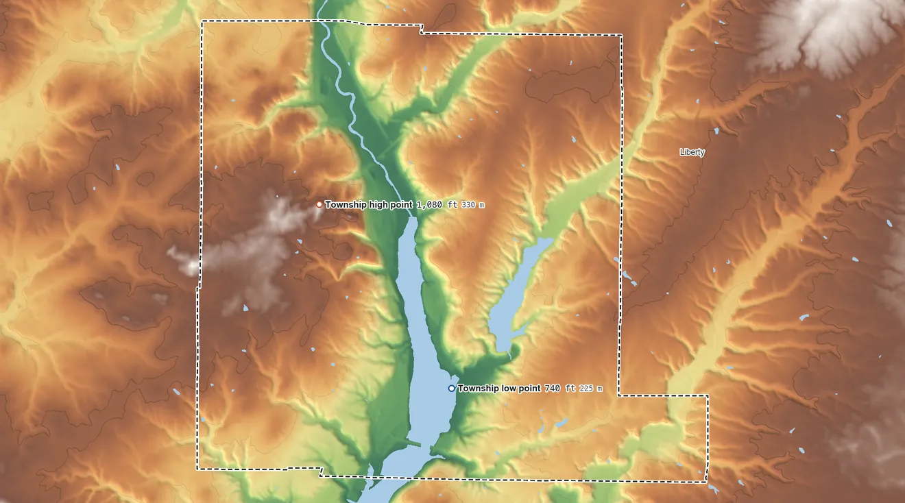Topographic elevation map of Liberty Township, Union County, Indiana, shaded from 740 ft on the south side to 1,080 ft on the west side