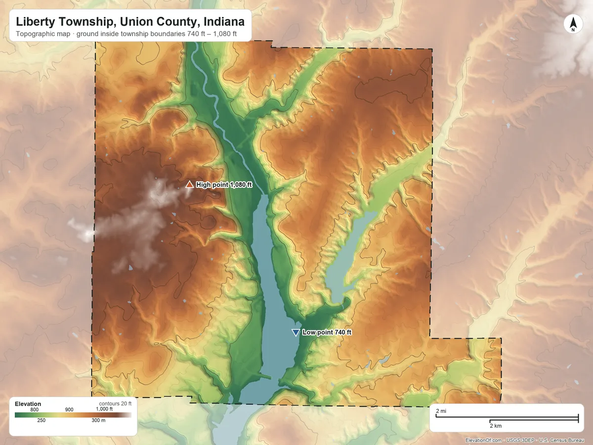 Topographic elevation map of Liberty Township, Union County, Indiana, shaded from 740 ft on the south side to 1,080 ft on the west side