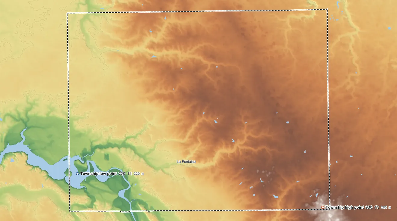 Topographic elevation map of Liberty Township, Wabash County, Indiana, shaded from 720 ft on the southwest side to 930 ft on the southeast side