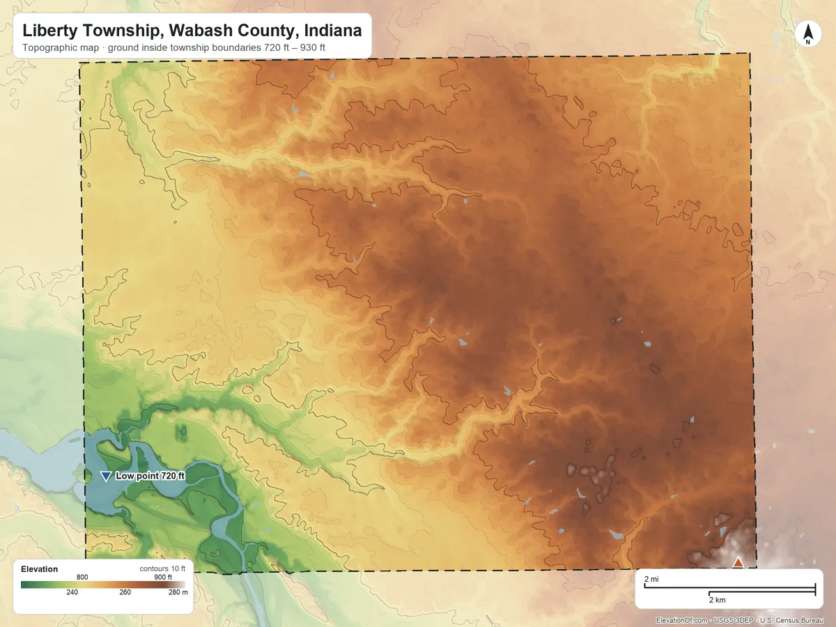 Topographic elevation map of Liberty Township, Wabash County, Indiana, shaded from 720 ft on the southwest side to 930 ft on the southeast side