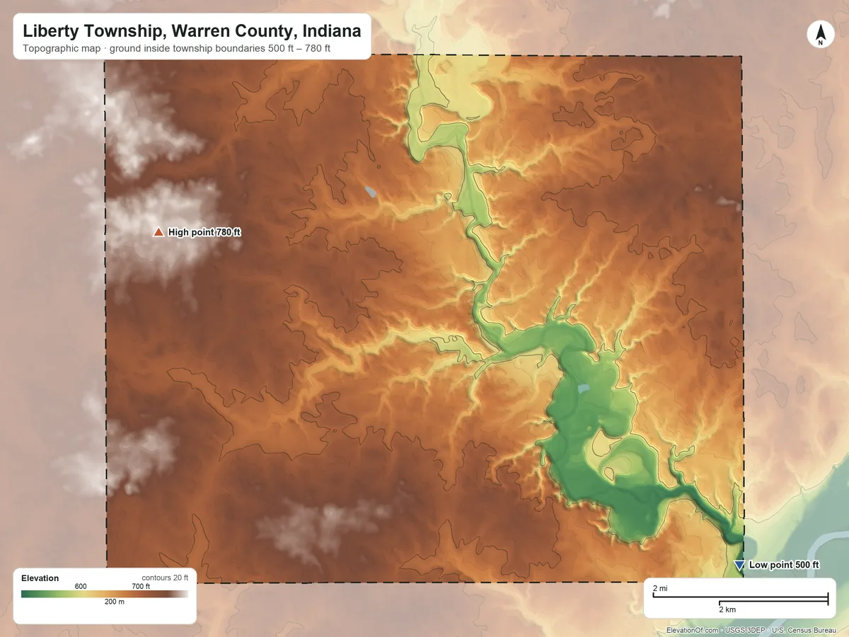 Topographic elevation map of Liberty Township, Warren County, Indiana, shaded from 500 ft on the southeast side to 780 ft on the west side