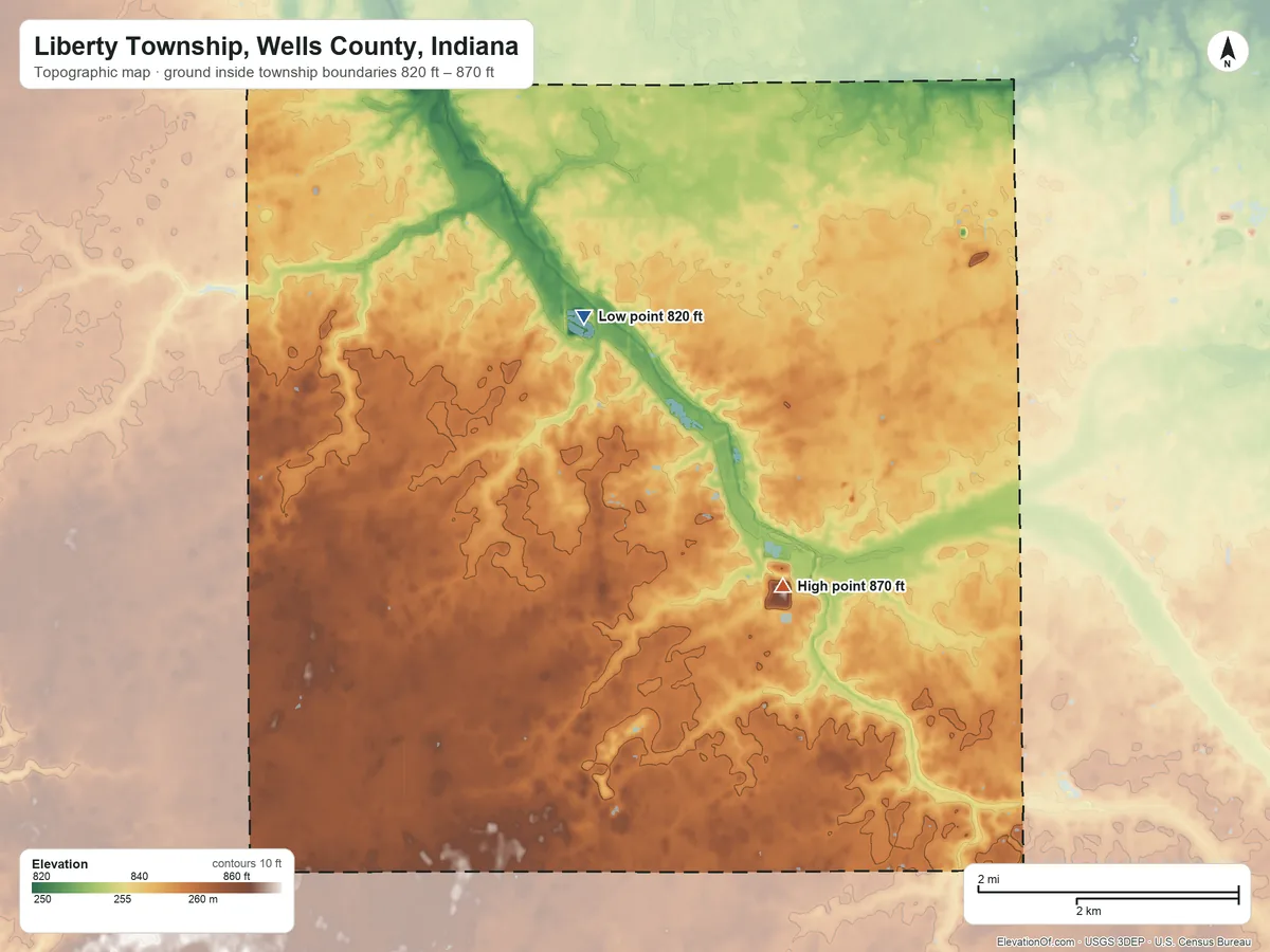 Topographic elevation map of Liberty Township, Wells County, Indiana, shaded from 820 ft on the north side to 870 ft on the southeast side