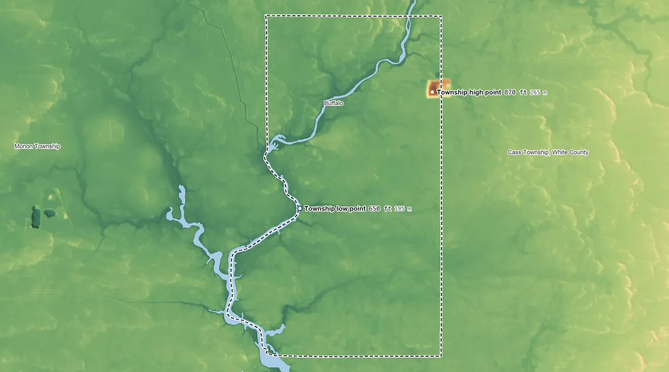 Topographic elevation map of Liberty Township, White County, Indiana, shaded from 650 ft near the middle to 870 ft on the northeast side