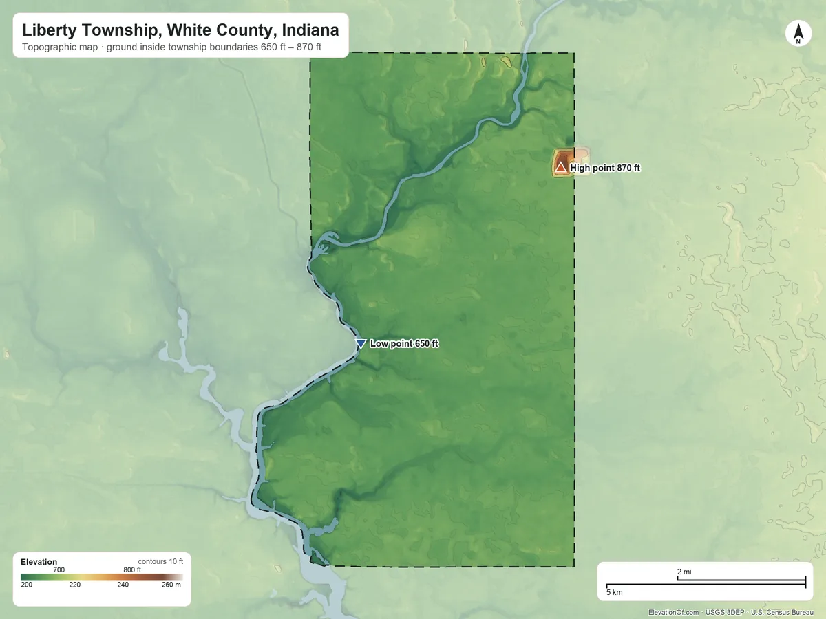 Topographic elevation map of Liberty Township, White County, Indiana, shaded from 650 ft near the middle to 870 ft on the northeast side