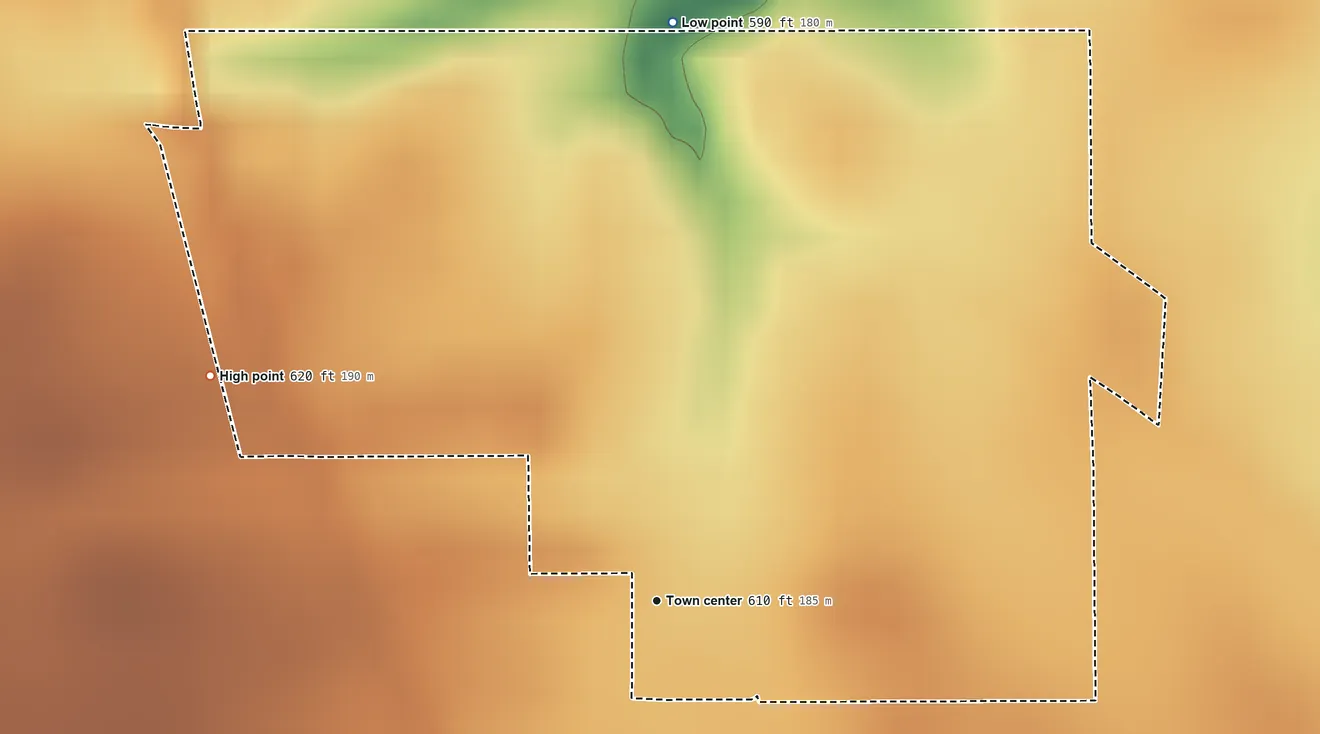 Topographic elevation map of Libertyville, Indiana, shaded from 590 ft on the north side to 620 ft on the northwest side