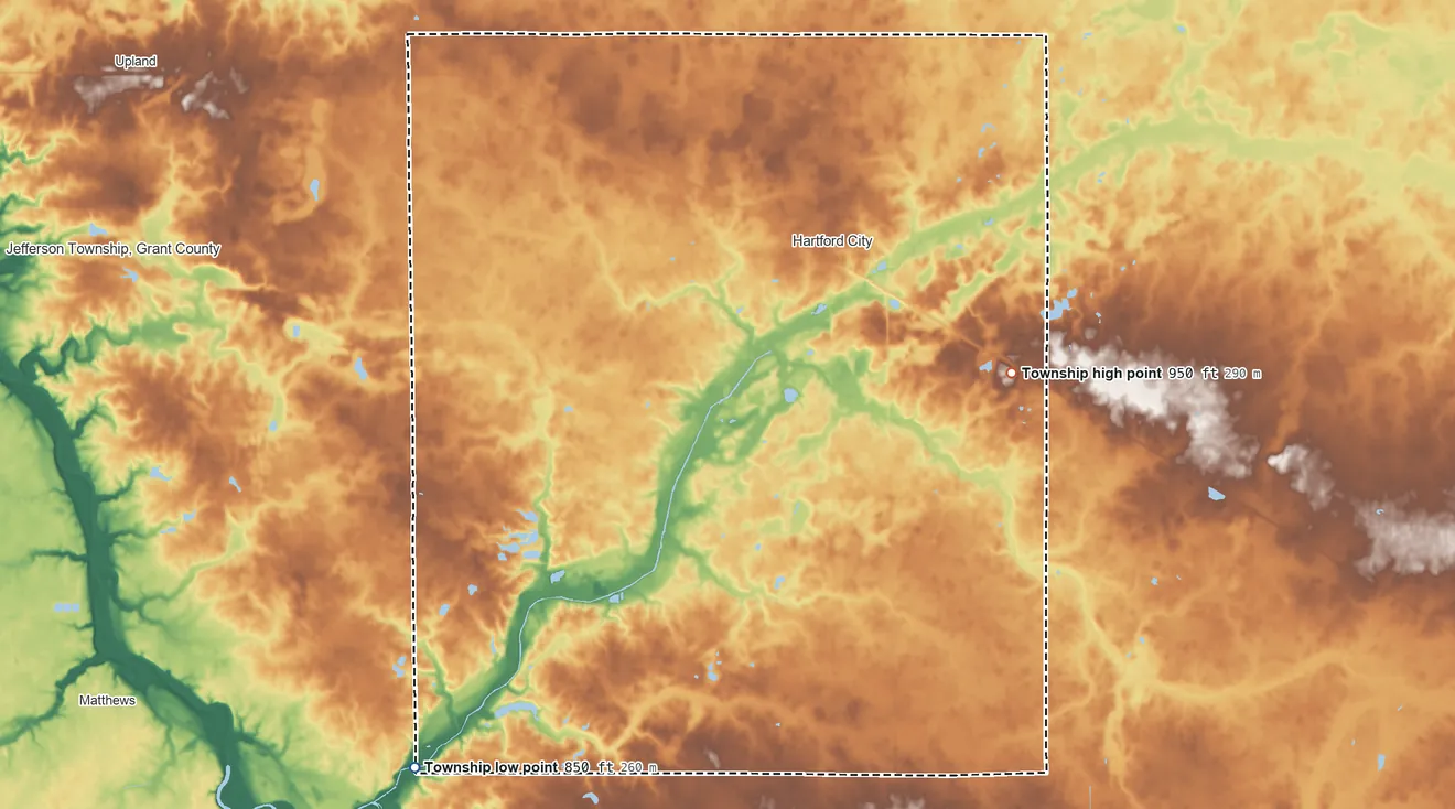 Topographic elevation map of Licking Township, Indiana, shaded from 850 ft on the southwest side to 950 ft on the southeast side