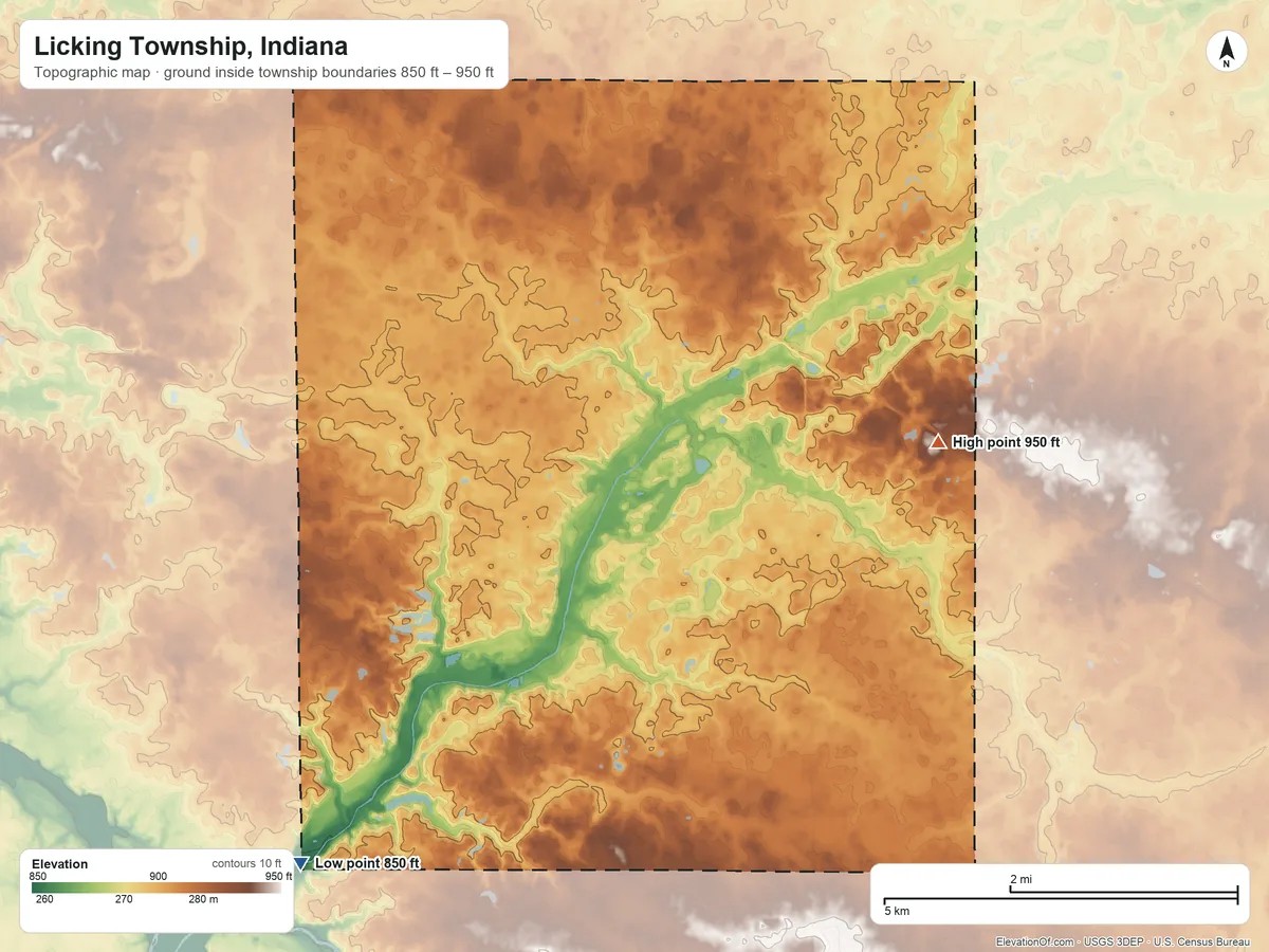 Topographic elevation map of Licking Township, Indiana, shaded from 850 ft on the southwest side to 950 ft on the southeast side