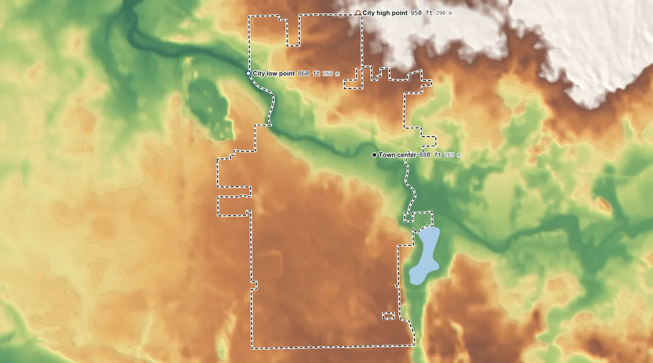 Topographic elevation map of Ligonier, Indiana, shaded from 860 ft on the northwest side to 950 ft on the north side