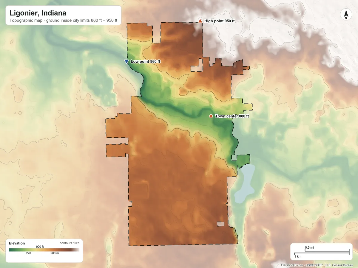 Topographic elevation map of Ligonier, Indiana, shaded from 860 ft on the northwest side to 950 ft on the north side