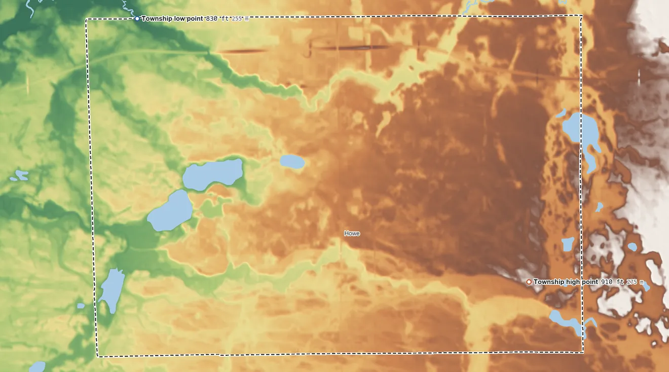 Topographic elevation map of Lima Township, Indiana, shaded from 830 ft on the northwest side to 910 ft on the east side