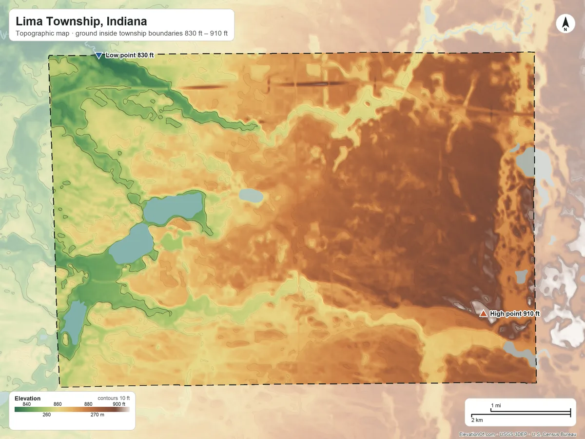 Topographic elevation map of Lima Township, Indiana, shaded from 830 ft on the northwest side to 910 ft on the east side
