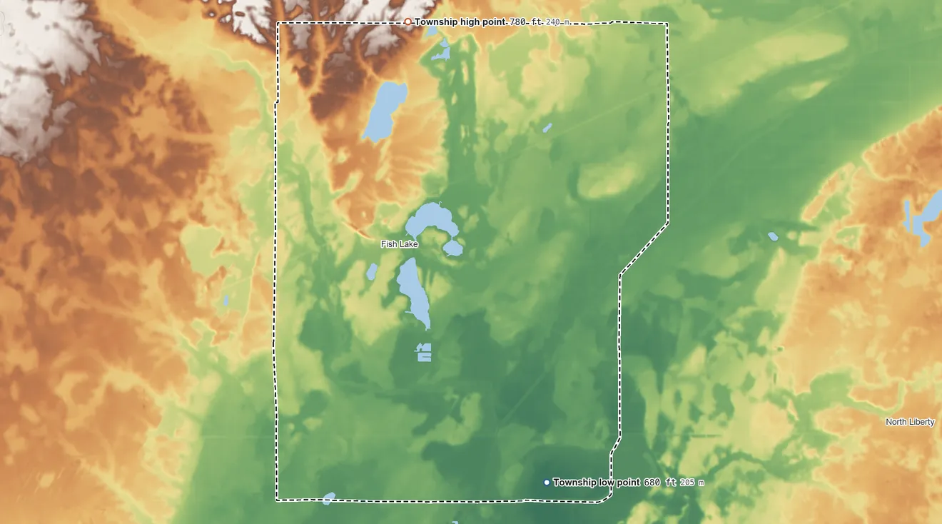 Topographic elevation map of Lincoln Township, LaPorte County, Indiana, shaded from 680 ft on the southeast side to 780 ft on the north side