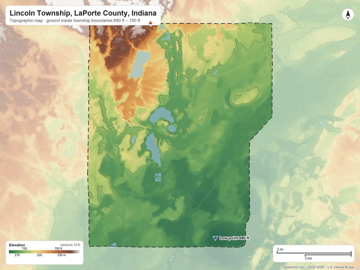 Topographic elevation map of Lincoln Township, LaPorte County, Indiana, shaded from 680 ft on the southeast side to 780 ft on the north side