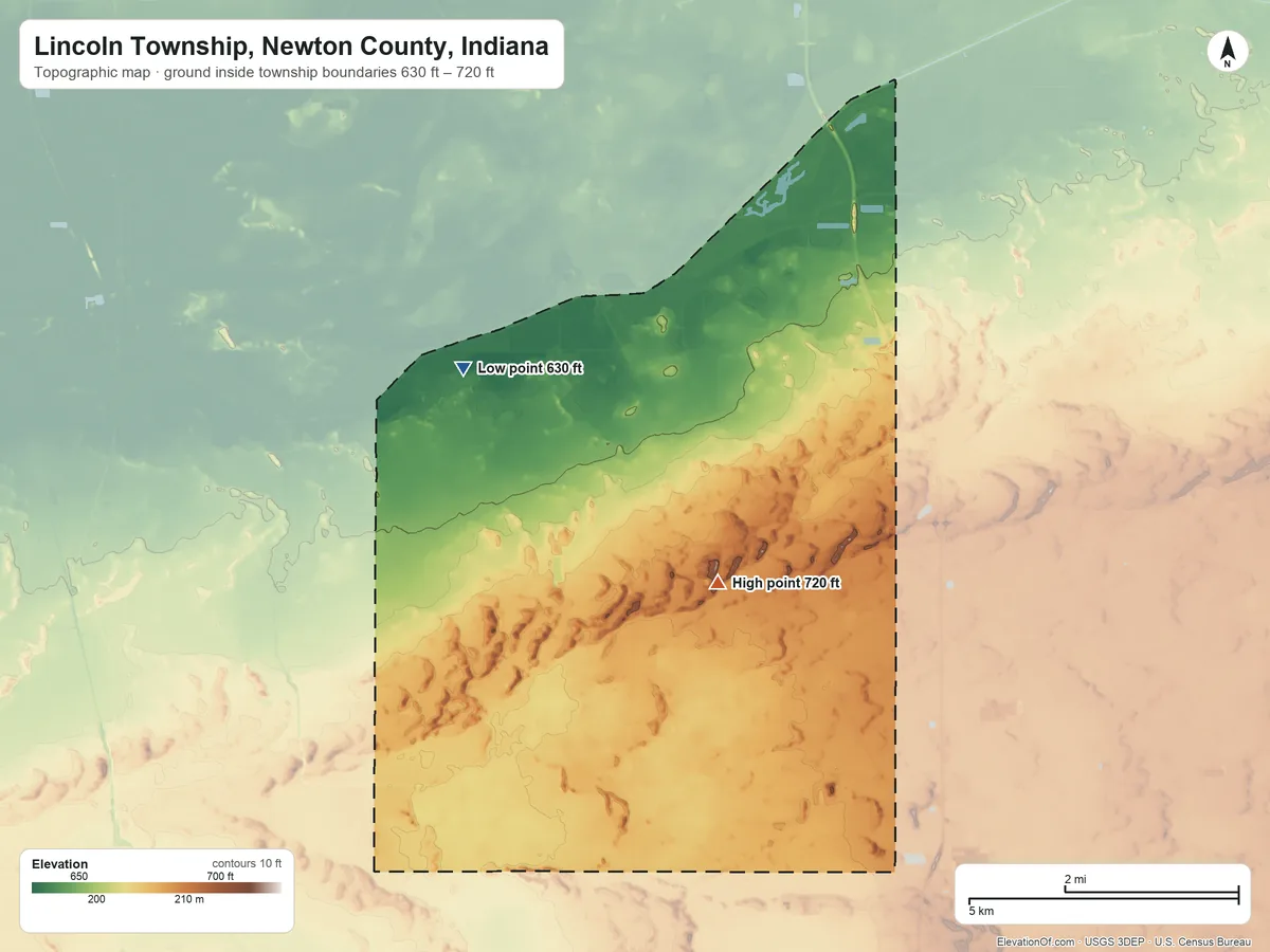 Topographic elevation map of Lincoln Township, Newton County, Indiana, shaded from 630 ft on the northwest side to 720 ft near the middle