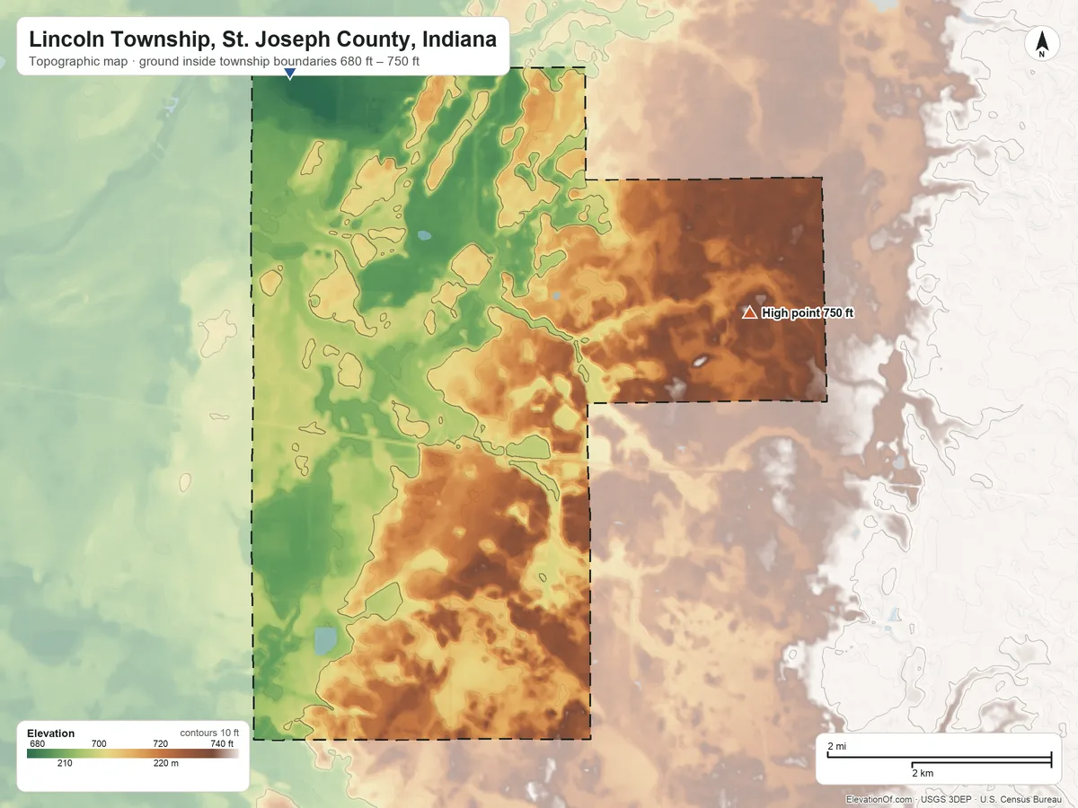 Topographic elevation map of Lincoln Township, St. Joseph County, Indiana, shaded from 680 ft on the northwest side to 750 ft on the northeast side