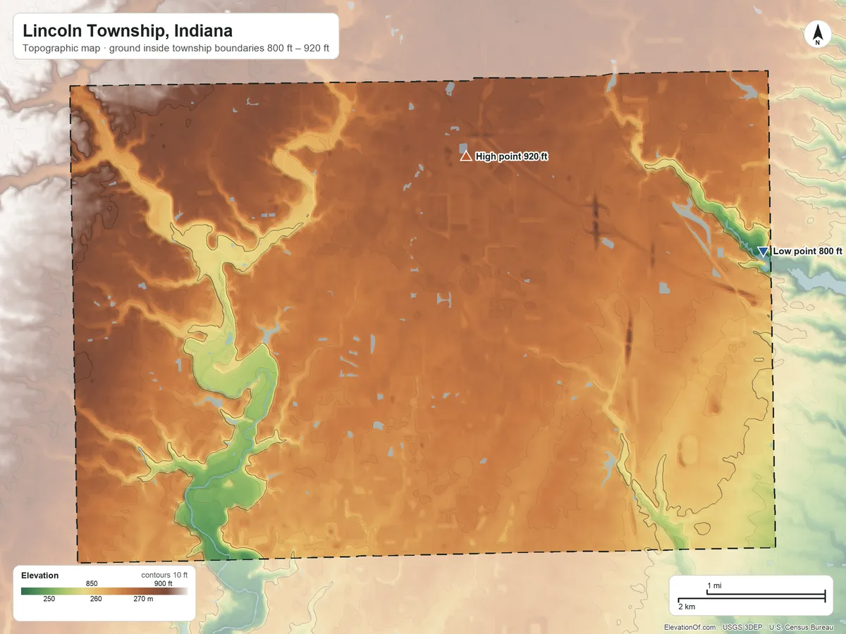 Topographic elevation map of Lincoln Township, Indiana, shaded from 800 ft on the east side to 920 ft on the north side