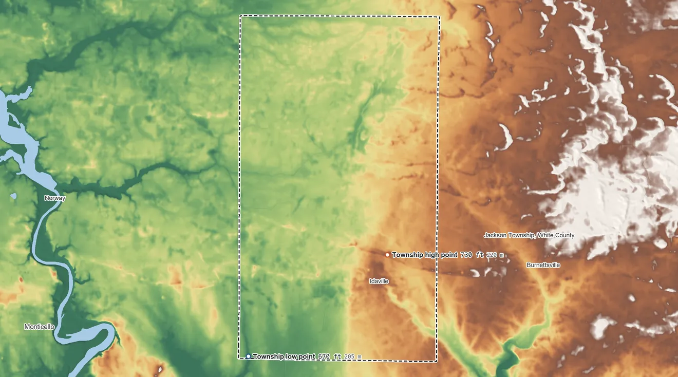 Topographic elevation map of Lincoln Township, White County, Indiana, shaded from 670 ft on the southwest side to 730 ft on the southeast side