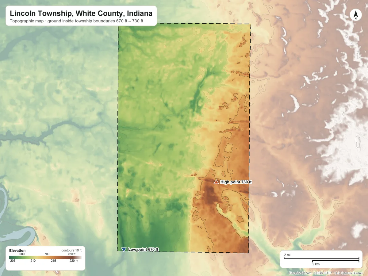 Topographic elevation map of Lincoln Township, White County, Indiana, shaded from 670 ft on the southwest side to 730 ft on the southeast side