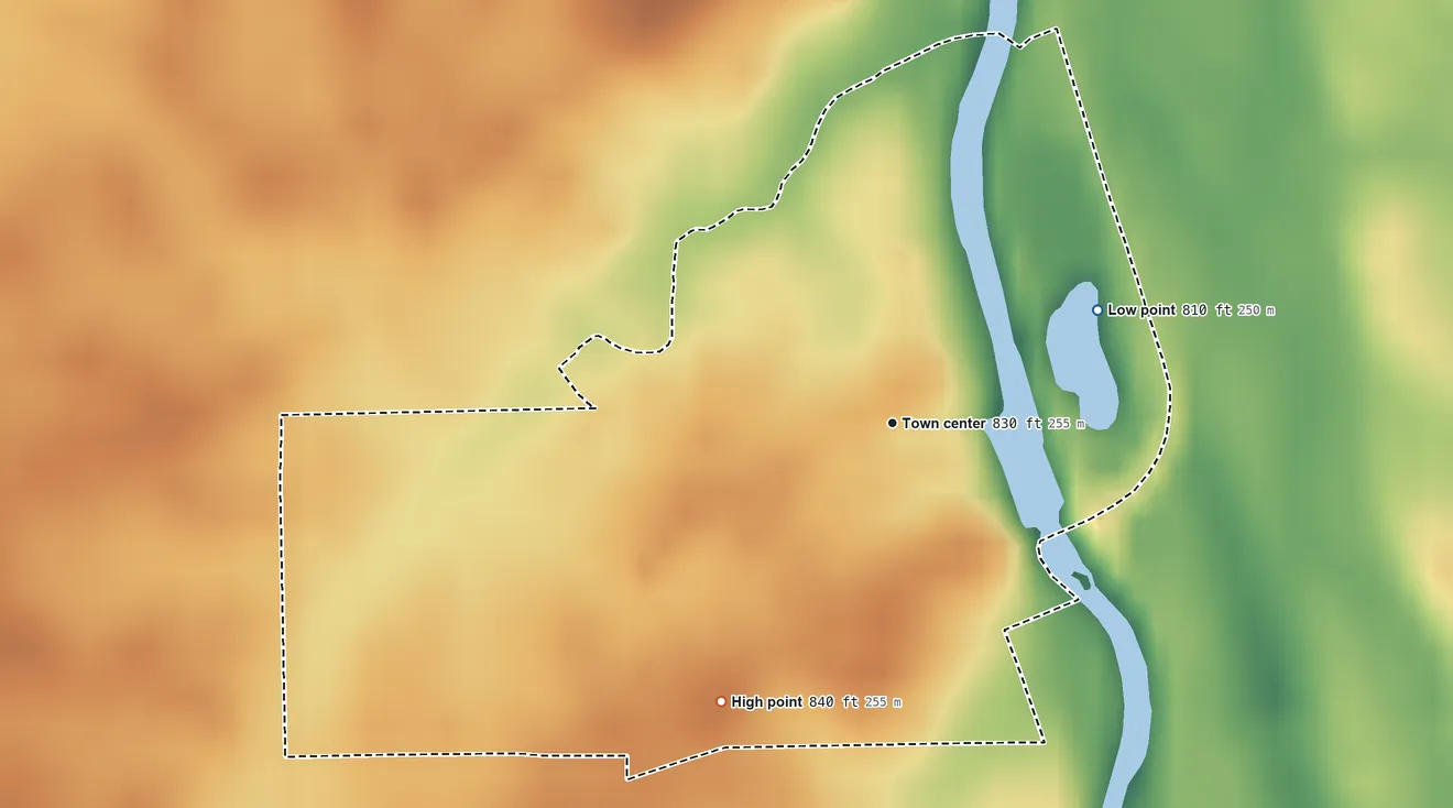 Topographic elevation map of Linn Grove, Indiana, shaded from 810 ft on the northeast side to 840 ft on the southwest side