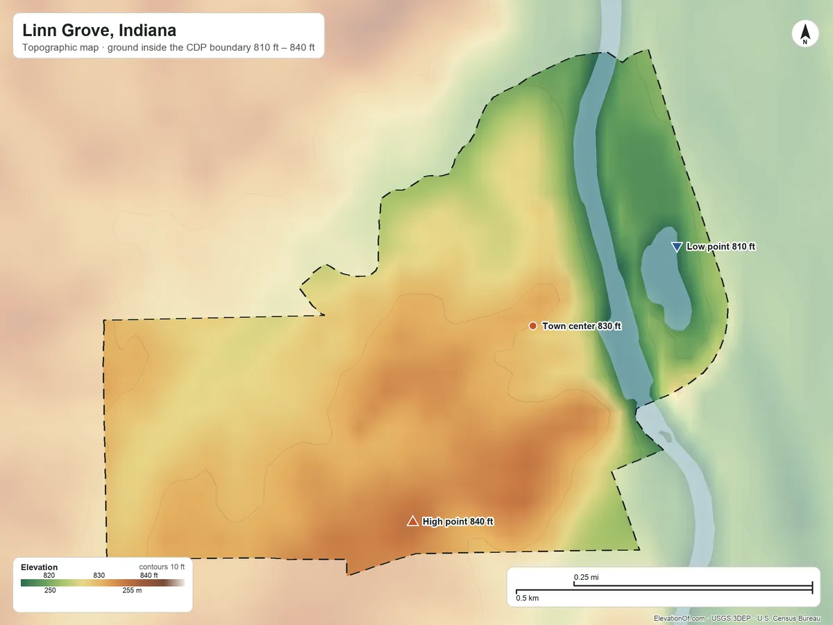 Topographic elevation map of Linn Grove, Indiana, shaded from 810 ft on the northeast side to 840 ft on the southwest side