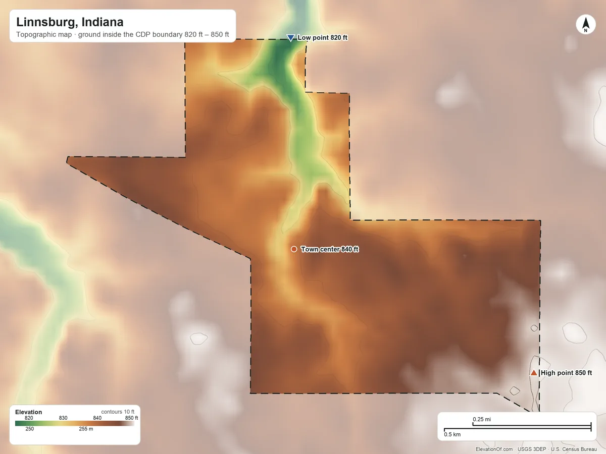 Topographic elevation map of Linnsburg, Indiana, shaded from 820 ft on the north side to 850 ft on the southeast side